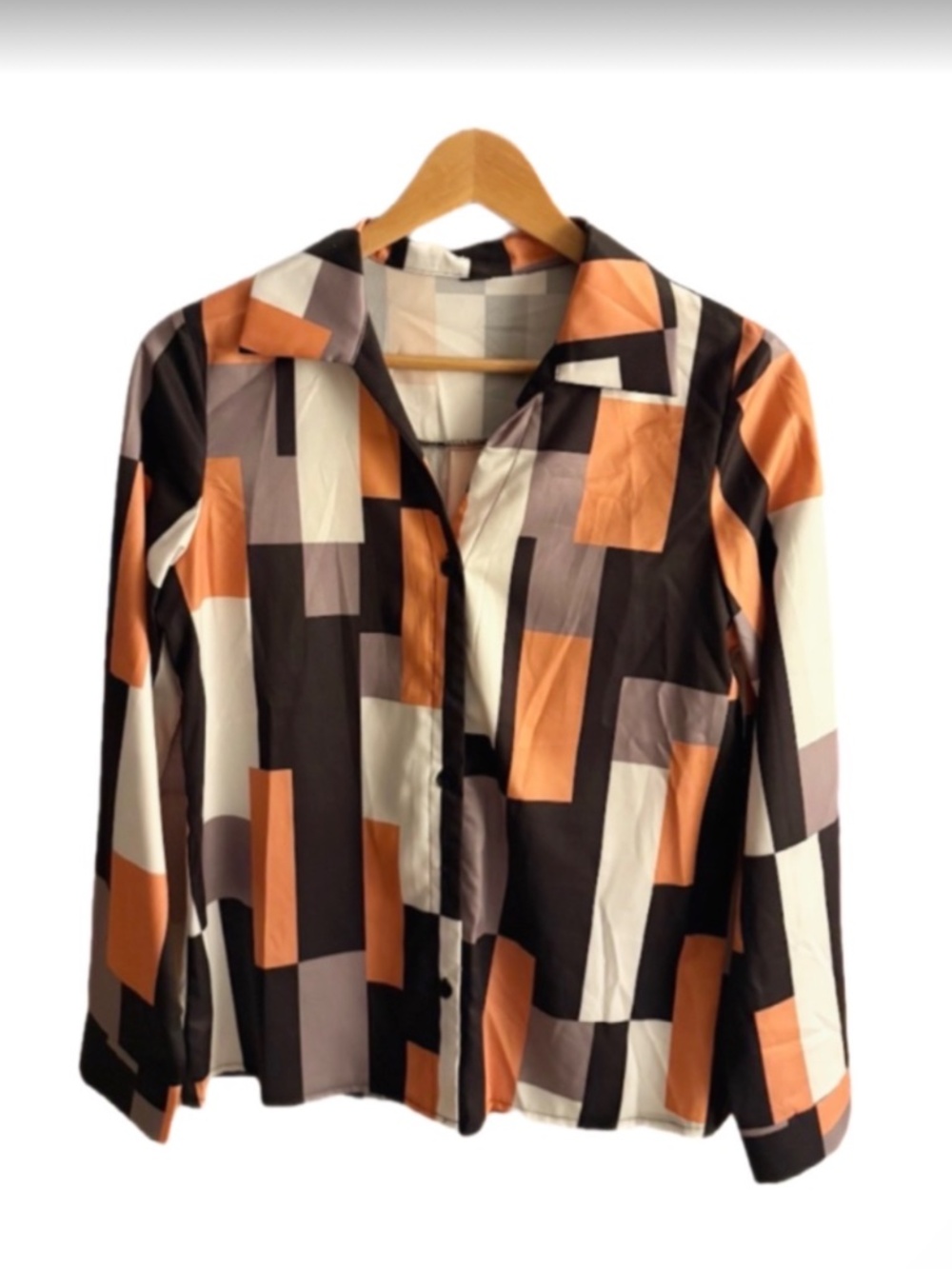 Retro Geometric Print Blouse XS | Orange Black Button Up Top